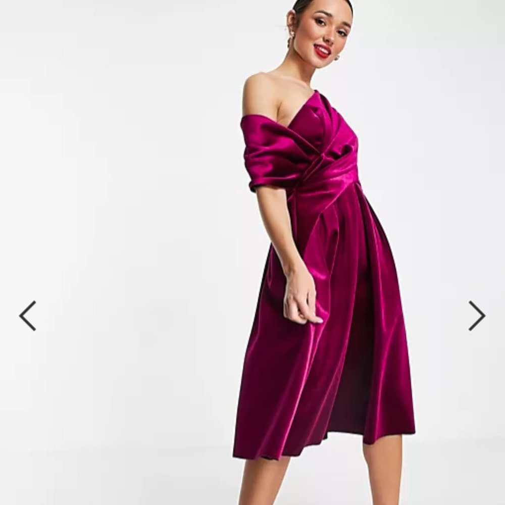 Velvet Bare Shoulder Midi Dress in Berry